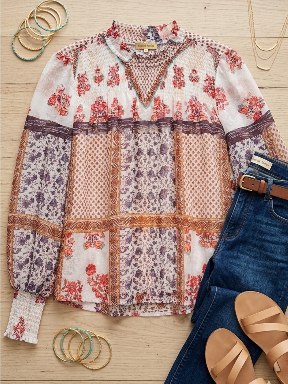 Rue21 Patchwork Floral Mock Neck Blouse - Cream, Purple, Rust